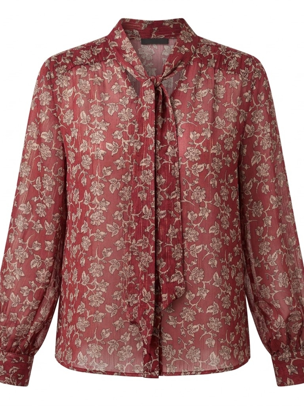 Tie-Neck Floral Blouse in Dusty Red
